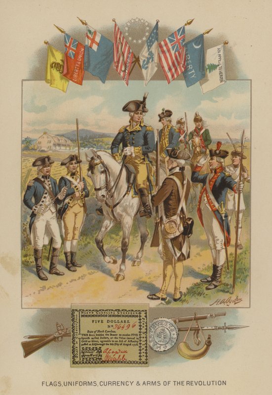 Flag, uniformer, valuta og våben fra den amerikanske revolution (chromolitho) af Henry Alexander (after) Ogden