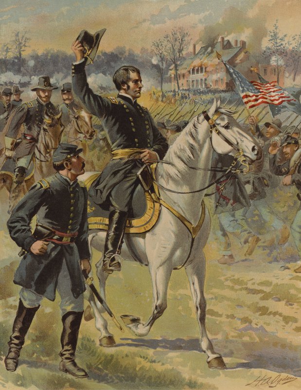 General Hooker ved slaget ved Chancellorsville, Virginia, amerikansk borgerkrig, 3. maj 1863 (chromolitho) af Henry Alexander (after) Ogden