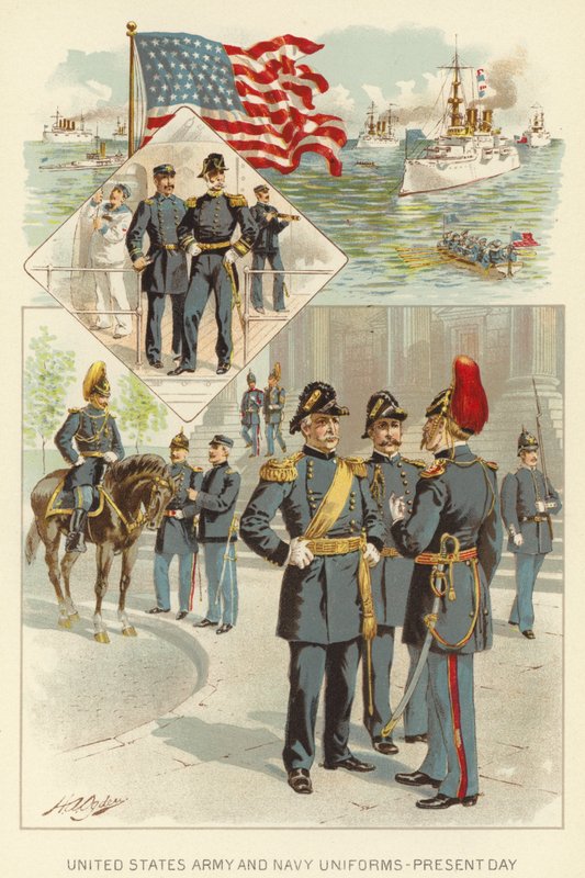 United States Army and Navy Uniforms, Present Day (farve litho) af Henry Alexander (after) Ogden