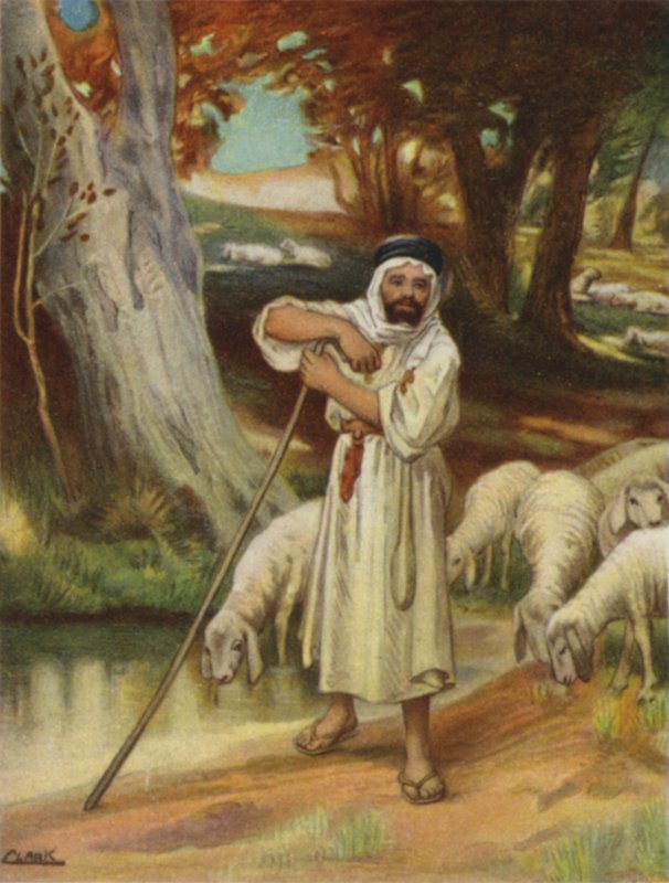 En hyrde og hans flok ved Banias (farve litho) af Henry Andrew Harper