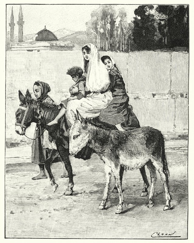 Flere personer, der rider på et æsel (litho) af Henry Andrew Harper