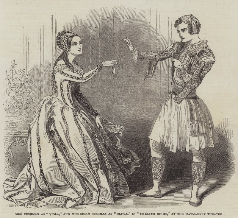 Miss Cushman som Viola og Miss Susan Cushman som Olivia i Twelfth Night på Haymarket Theatre af Henry Anelay