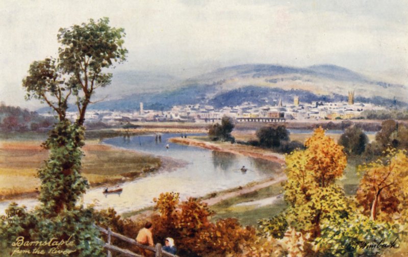 Barnstaple, fra floden (farvelitografi) af Henry B. (after) Wimbush
