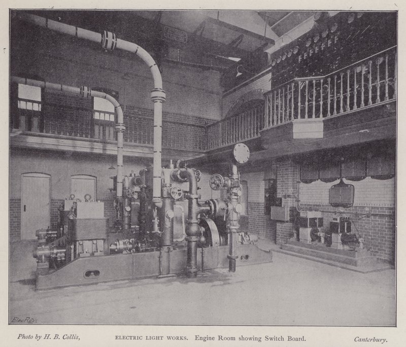 Maskinrum med eltavle, Electric Light Works, Canterbury, Kent (s/h-foto) af Henry Beauchamp Collis