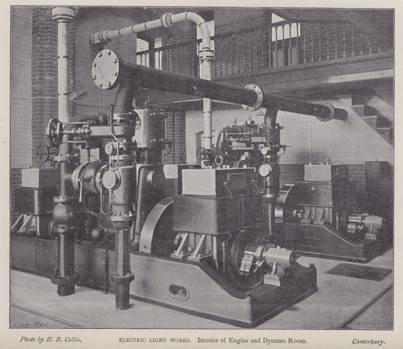 Interiør af motor- og dynamorum, Electric Light Works, Canterbury, Kent (s/h foto) af Henry Beauchamp Collis
