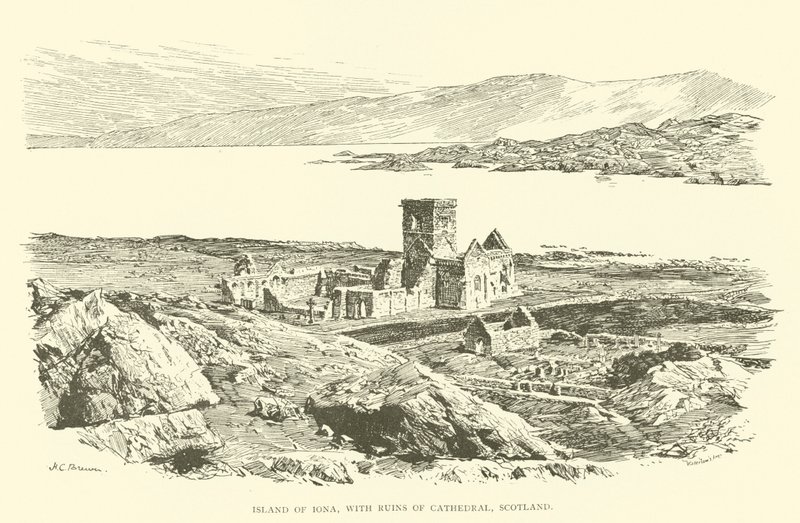 Øen Iona, med ruinerne af katedralen, Skotland (gravering) af Henry Charles Brewer