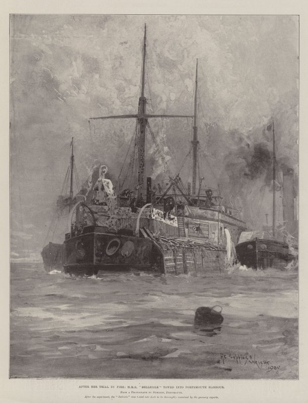 Efter sin brandprøve blev HMS Belleisle slæbt ind i havnen i Portsmouth af Henry Charles Seppings Wright