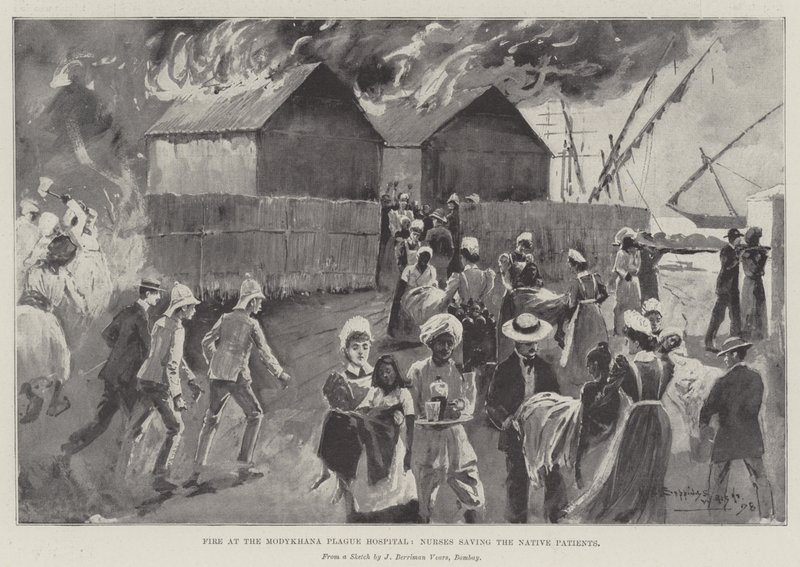 Brand på Modykhana Plague Hospital, sygeplejersker redder de indfødte patienter af Henry Charles Seppings Wright