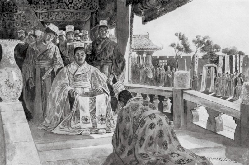 Han Yu præsenterer sit mindesmærke (litografi) af Henry Charles Seppings Wright