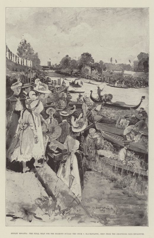 Henley Regatta, Final Heat for Diamond Sculls (Ten Eyck v Blackstaffe), set fra Grosvenor Club Enclosure af Henry Charles Seppings Wright