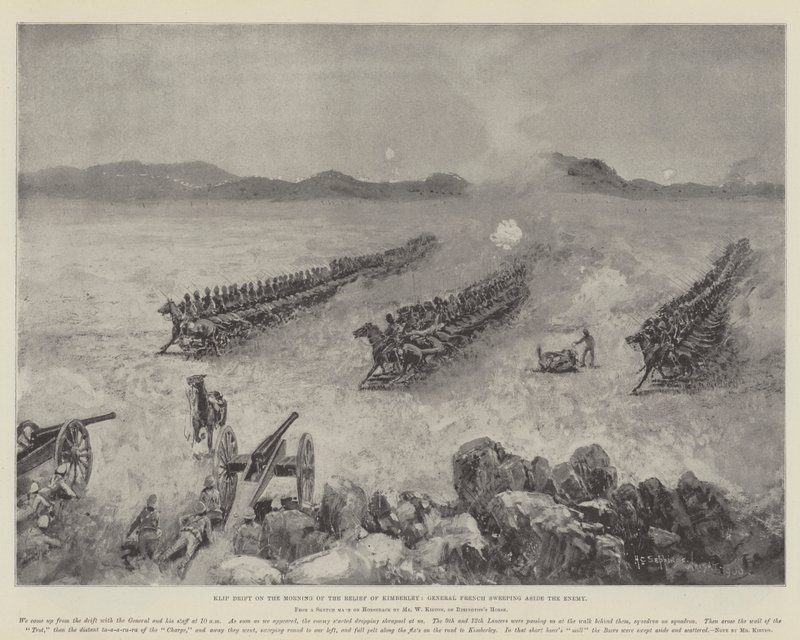 Klip Drift om morgenen af nødhjælpen af Kimberley, general French fejer fjenden til side af Henry Charles Seppings Wright