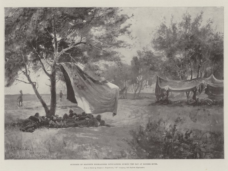 Forposter af Seaforth Highlanders, der bivuackerer i løbet af dagen ved Modder River af Henry Charles Seppings Wright