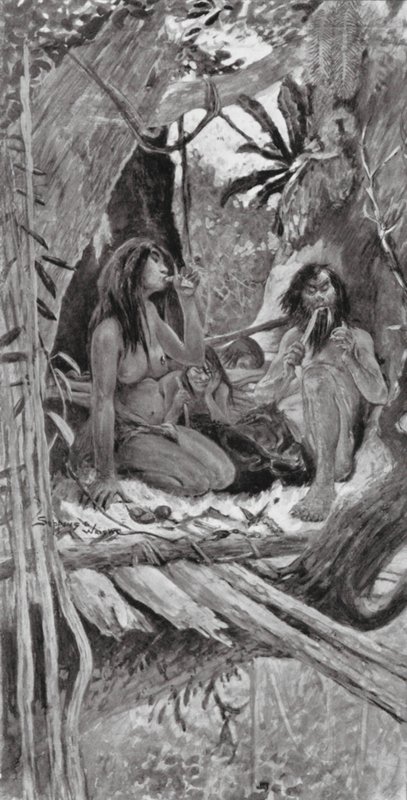 Forhistoriske kinesiske træboere (litografi) af Henry Charles Seppings Wright