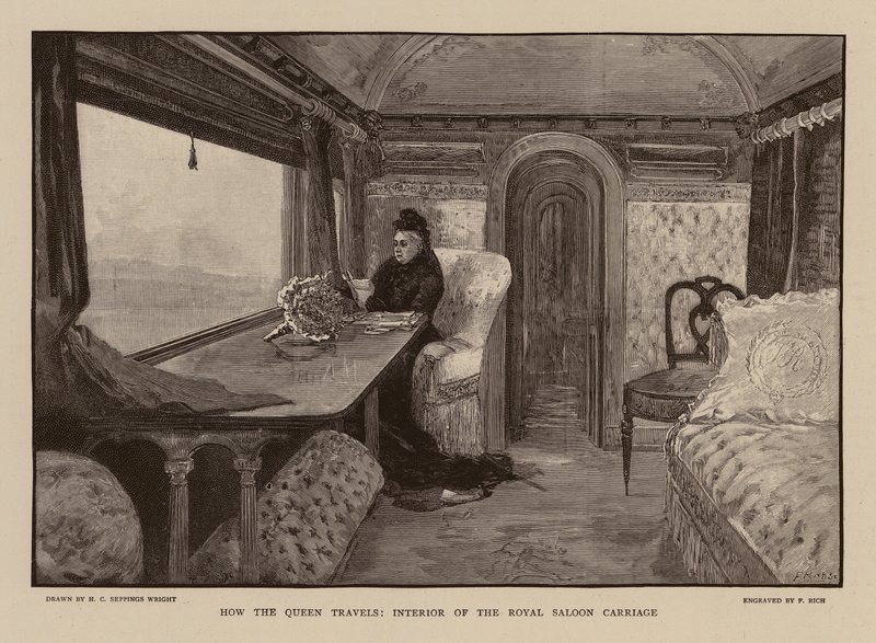 Dronning Victoria i togvognen Royal Saloon (kobberstik) af Henry Charles Seppings Wright