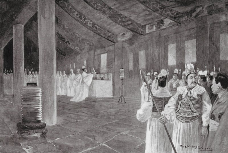 Fjernelse af en tavle fra et konfuciansk tempel (litografi) af Henry Charles Seppings Wright