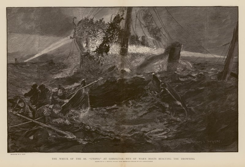 Redning af de druknende under SS Utopias forlis i Gibraltar (kobberstik) af Henry Charles Seppings Wright
