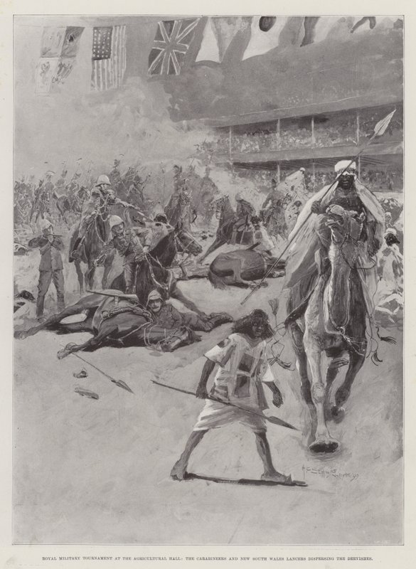 Royal Military Tournament i Agricultural Hall, Carabiners og New South Wales Lancers spreder Dervisher af Henry Charles Seppings Wright