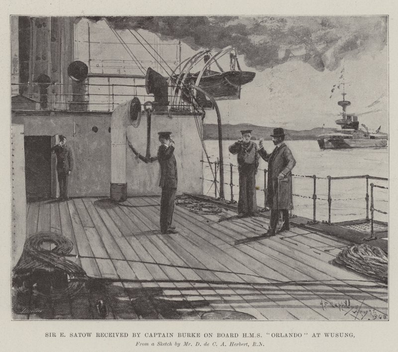 Sir E Satow modtaget af kaptajn Burke om bord på HMS Orlando i Wusung af Henry Charles Seppings Wright