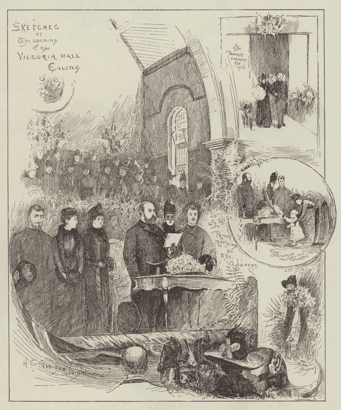 Skitser ved åbningen af Victoria Hall, Ealing af Henry Charles Seppings Wright