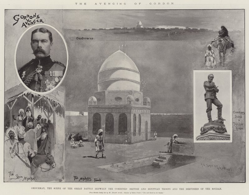 Gordons hævn, Omdurman, scenen for det store slag mellem de kombinerede britiske og egyptiske tropper og dervisherne i Soudan af Henry Charles Seppings Wright
