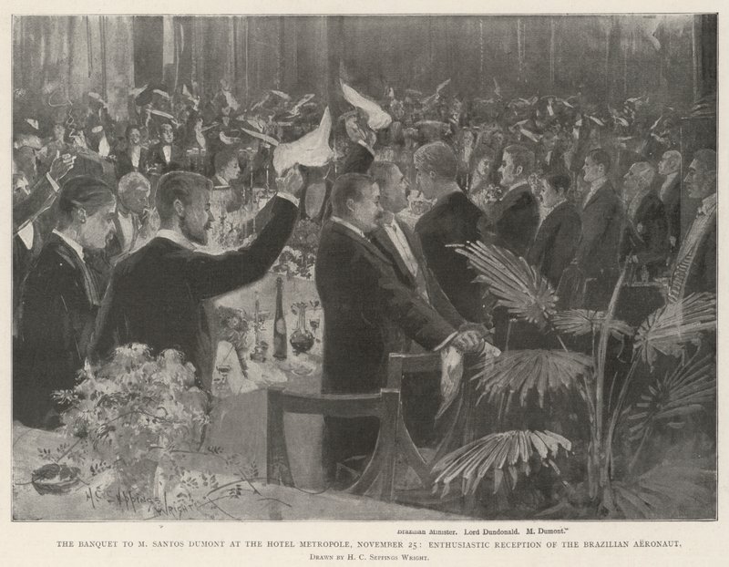 Banketten til M Santos Dumont på Hotel Metropole, 25. november, entusiastisk modtagelse af den brasilianske aeronaut af Henry Charles Seppings Wright