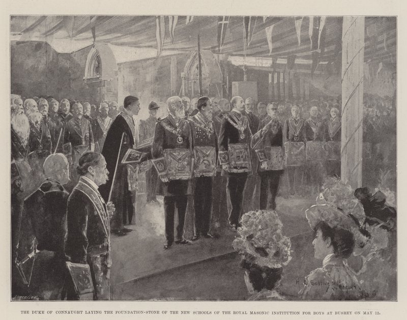 Hertugen af Connaught lægger grundstenen til de nye skoler i Royal Masonic Institution for Boys i Bushey den 12. maj af Henry Charles Seppings Wright