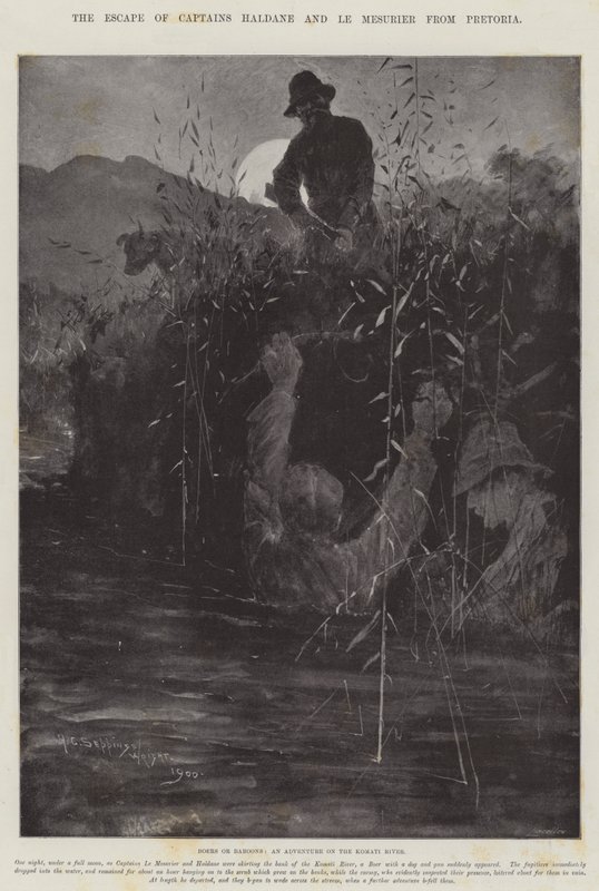 Kaptajnerne Haldane og Le Mesurier flygter fra Pretoria af Henry Charles Seppings Wright