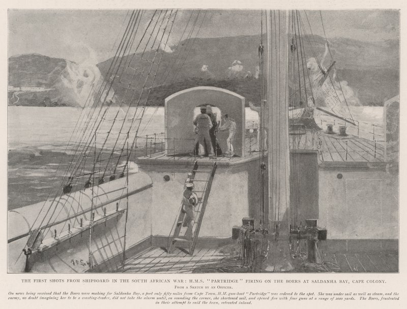 De første skud fra skib i den sydafrikanske krig, HMS Agerhøne, der skyder på boerne ved Saldanha-bugten, Kapkolonien af Henry Charles Seppings Wright