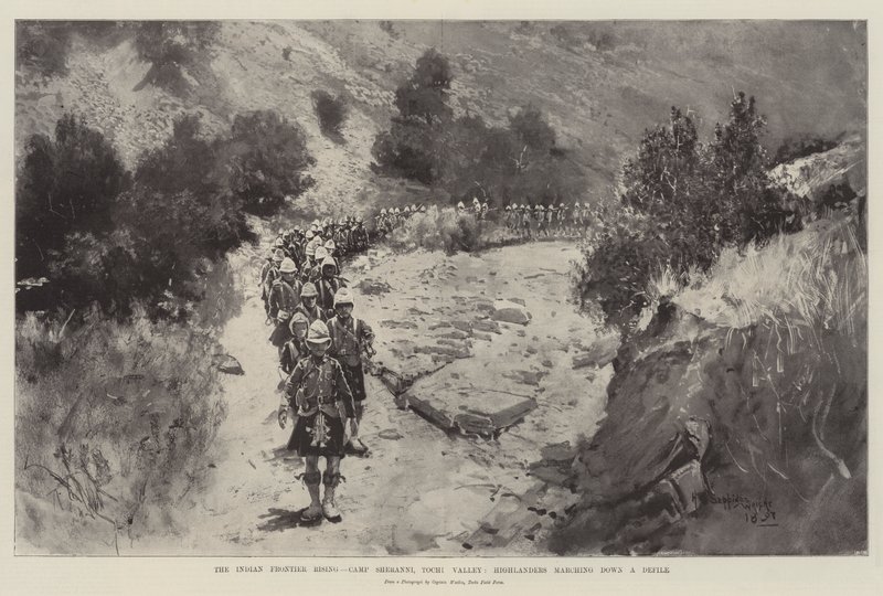 Den indiske grænse, Camp Sheranni, Tochi Valley, Highlanders marcherer ned ad en kløft af Henry Charles Seppings Wright