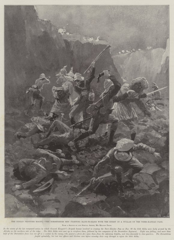 The Indian Frontier Rising, Dorsetshire-mændene kæmper hånd-til-hånd med fjenden i en Nullah på Tseri-Kandao-passet af Henry Charles Seppings Wright
