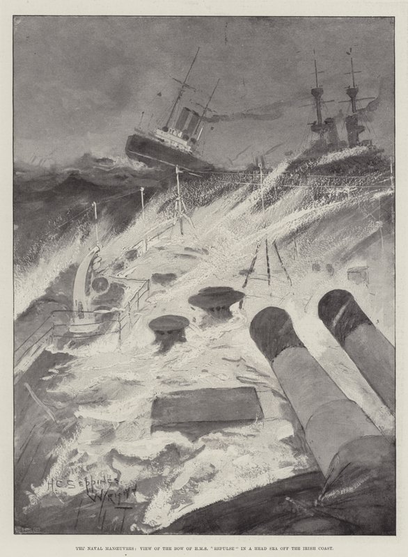Sømanøvrerne, udsigt over stævnen af HMS Repulse in a Head Sea ud for den irske kyst af Henry Charles Seppings Wright