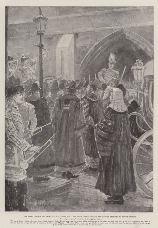 Proklamationsceremonien i Temple Bar, overborgmesteren læser brevet bragt af Rouge Dragon af Henry Charles Seppings Wright