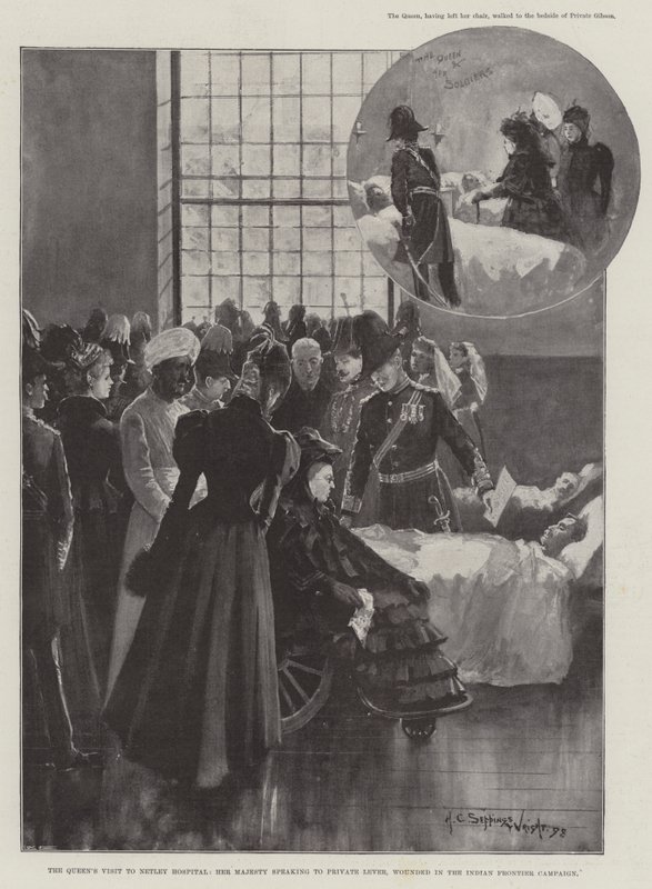 Dronningens besøg på Netley Hospital, Hendes Majestæt taler til menig Lever, der blev såret i den indiske grænsekampagne af Henry Charles Seppings Wright