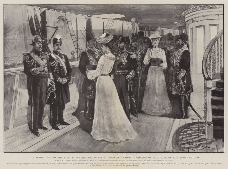 Shahs besøg hos kongen i Portsmouth, 20. august, prinsesse Victoria fotograferer kong Edward og Muzaffir-ed-Din af Henry Charles Seppings Wright