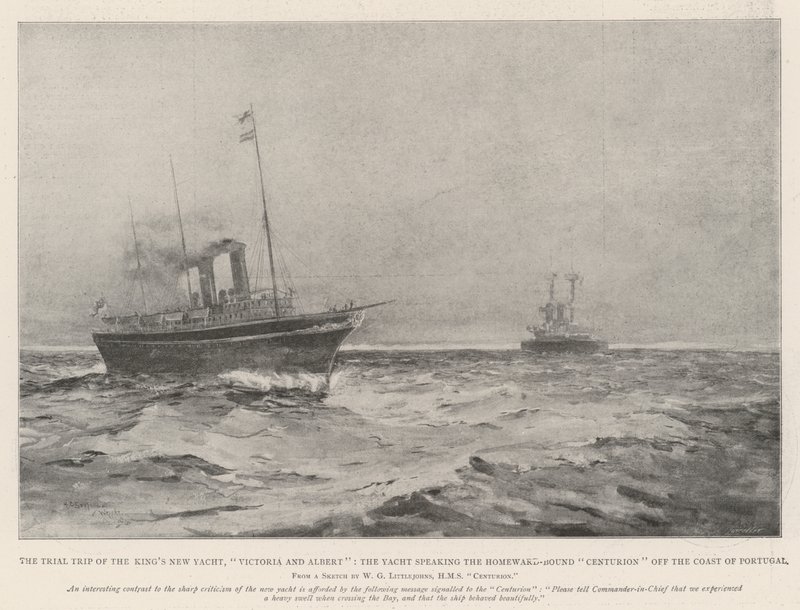 Prøveturen med kongens nye yacht Victoria og Albert, yachten, der taler med Centurion på hjemrejse ud for Portugals kyst af Henry Charles Seppings Wright