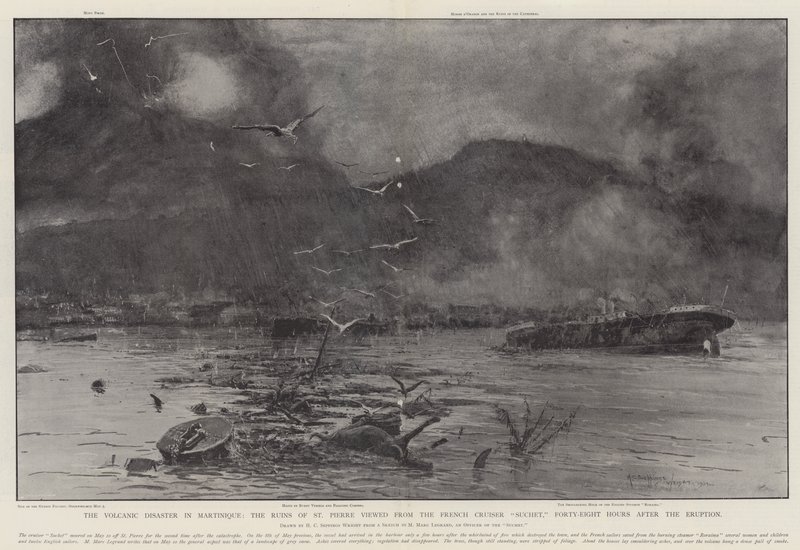 Den vulkanske katastrofe på Martinique, ruinerne af St Pierre set fra den franske krydser Suchet, 48 timer efter udbruddet af Henry Charles Seppings Wright