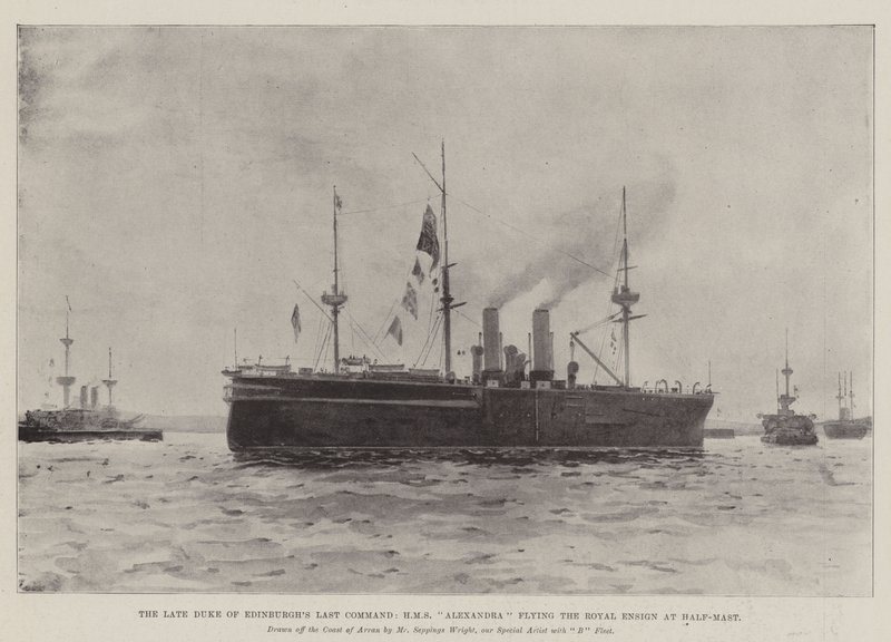 Den afdøde hertug af Edinburghs sidste kommando, HMS Alexandra med det kongelige flag på halv stang af Henry Charles Seppings Wright