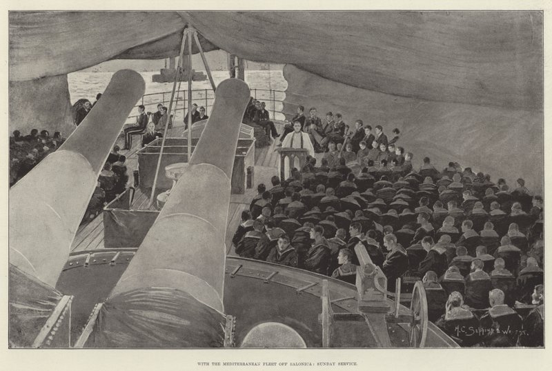 Med Middelhavsflåden ud for Salonica, søndagstjeneste af Henry Charles Seppings Wright