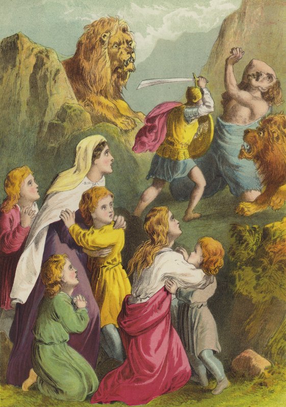 Greatheart dræber Giant Grim (chromolitho) af Henry Courtney Selous
