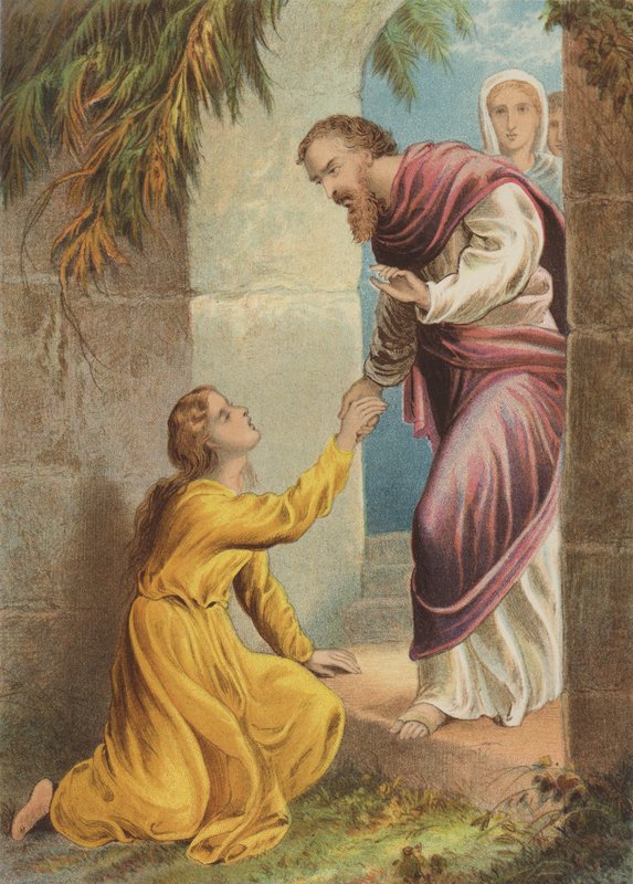 Barmhjertighed besvimer ved porten (chromolitho) af Henry Courtney Selous