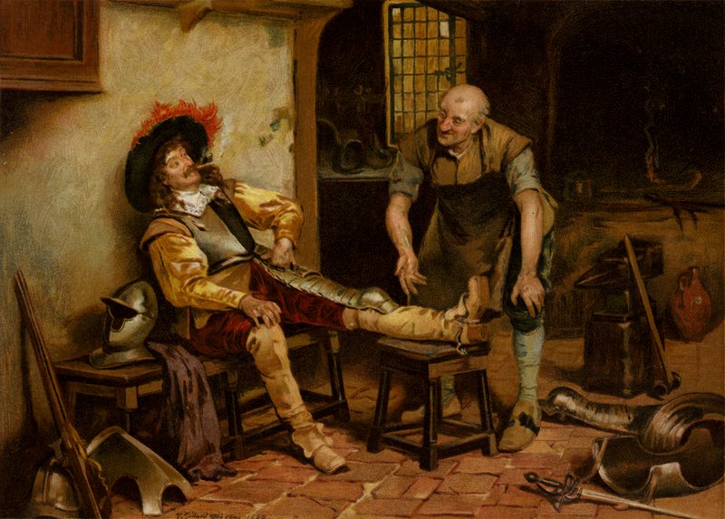 A Splendid Fit, en mand, der er udstyret med rustning (chromolitho) af Henry Gillard (after) Glindoni