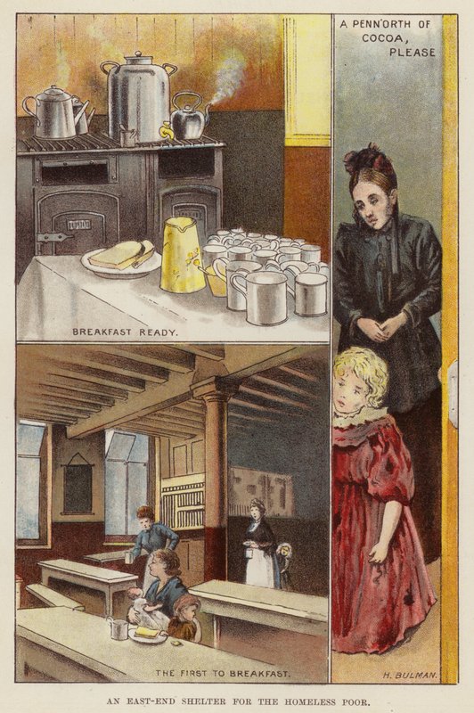 Husly for hjemløse fattige i East End i London, slutningen af det 19. århundrede (chromolitho) af Henry Herbert Bulman