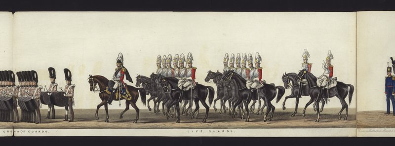 Del af panoramaudsigt over hele begravelsesoptoget af Arthur, hertug af Wellington (farvet akvatint) af Henry Jr and Sala Alken