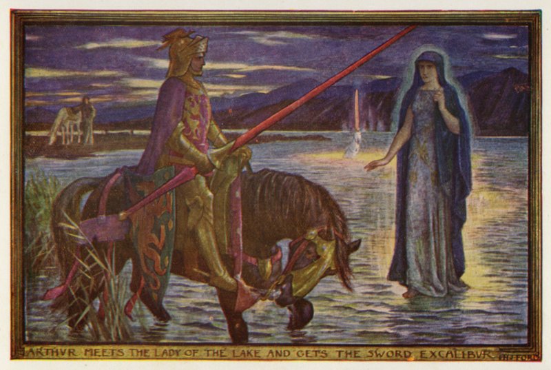 Arthur møder Lady of the Lake og får Sword Excalibur (farve litho) af Henry Justice Ford