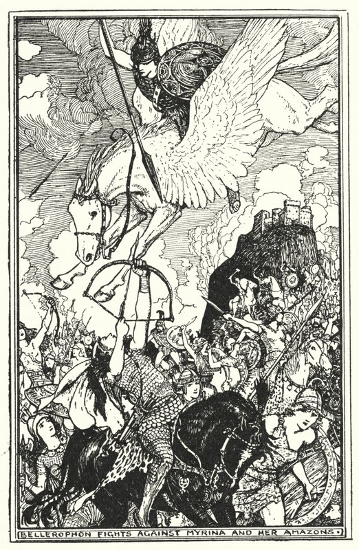 Bellerophon kæmper mod Myrina og hendes amazoner (litho) af Henry Justice Ford