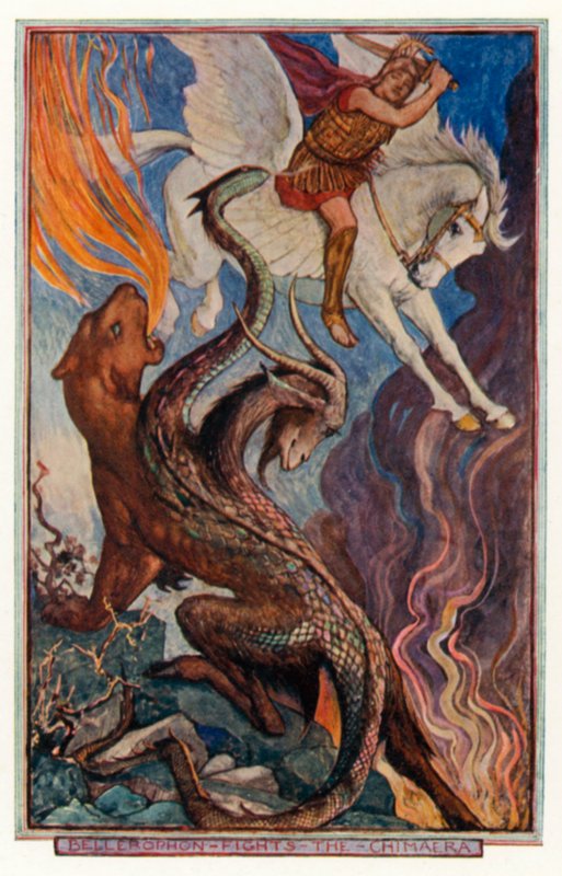 Bellerophon kæmper mod Chimaera (farvelitografi) af Henry Justice Ford