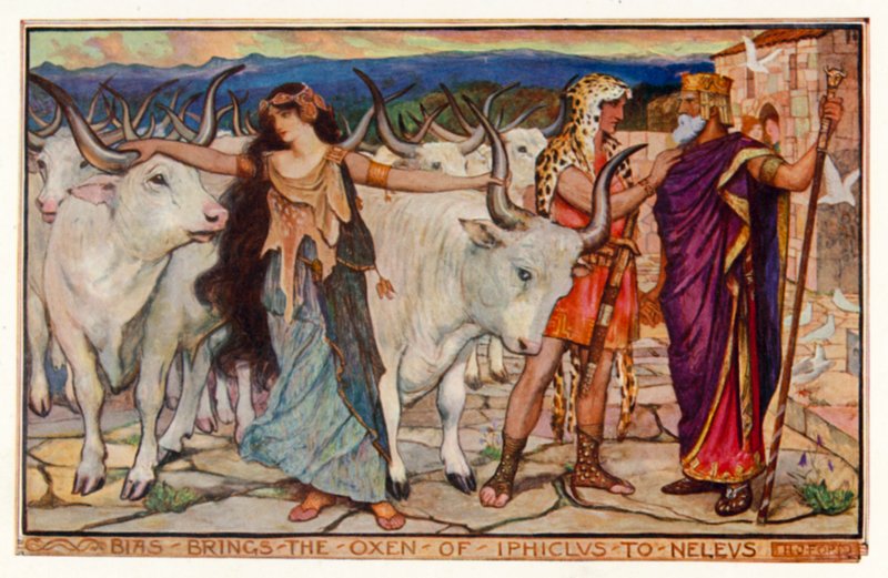 Bias bringer okserne fra Iphiclus til Neleus (farve litho) af Henry Justice Ford