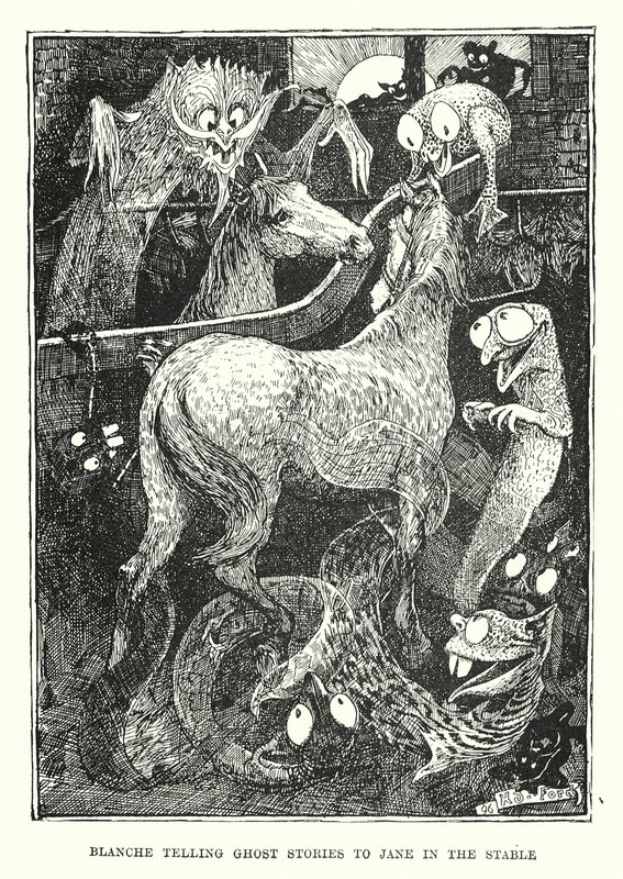 Blanche fortæller spøgelseshistorier til Jane i stalden (kobberstik) af Henry Justice Ford