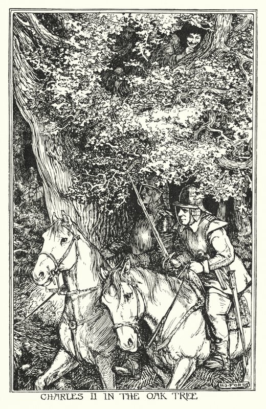Charles II i egetræet (litho) af Henry Justice Ford