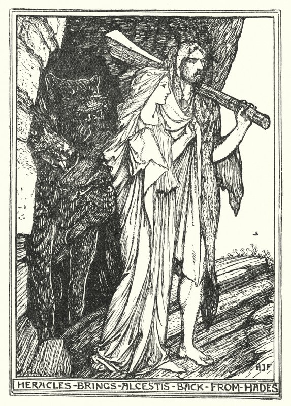 Heracles bringer Alcestis tilbage fra Hades (litho) af Henry Justice Ford